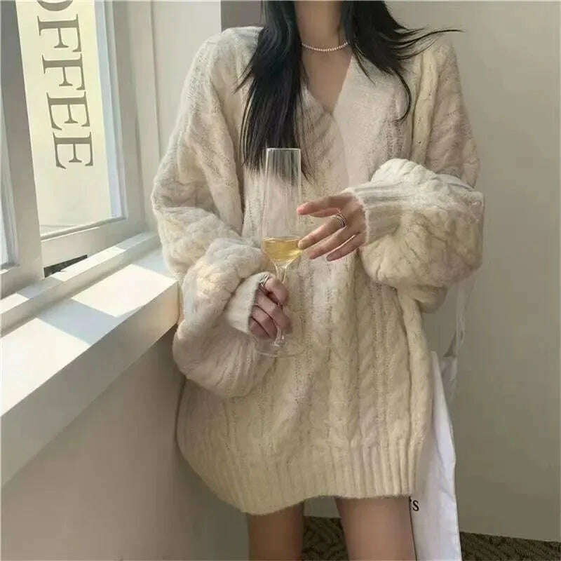 KIMLUD, Autumn Winter Women Sweater Harajuku Oversized Long Sleeve V Neck Knitted Pullover Korean Loose Solid Preppy All Match Jumper, APRICOT / S, KIMLUD Women's Clothes