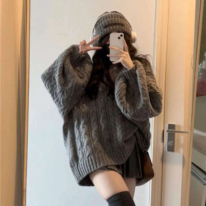 KIMLUD, Autumn Winter Women Sweater Harajuku Oversized Long Sleeve V Neck Knitted Pullover Korean Loose Solid Preppy All Match Jumper, KIMLUD Women's Clothes