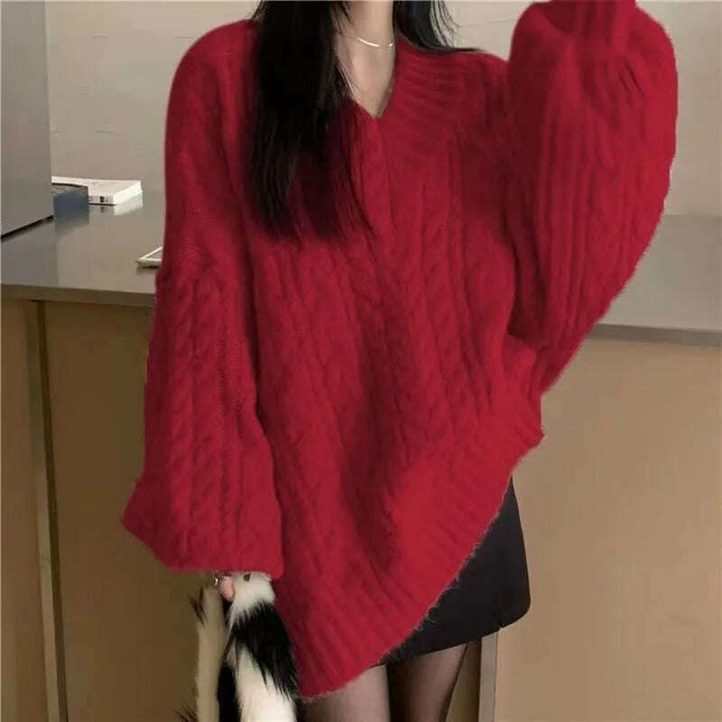KIMLUD, Autumn Winter Women Sweater Harajuku Oversized Long Sleeve V Neck Knitted Pullover Korean Loose Solid Preppy All Match Jumper, KIMLUD Womens Clothes