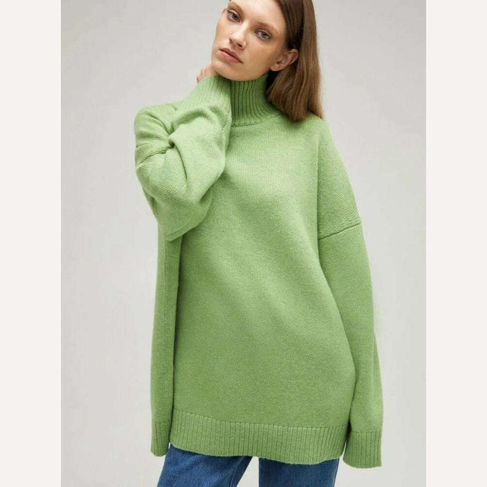 KIMLUD, Autumn Winter Women Turtleneck Loose Sweater Female Solid Long Sleeve Loose Knit Pullover Comfort Temperament Sweaters Outerwear, Green / S, KIMLUD Womens Clothes