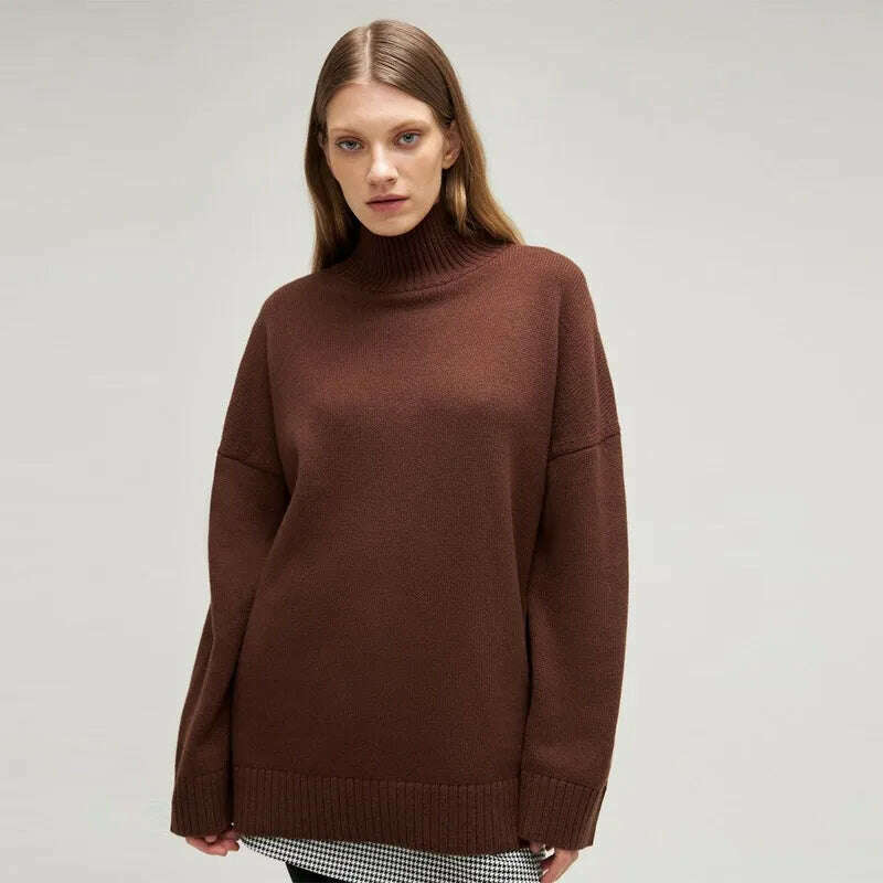 Autumn Winter Women Turtleneck Loose Sweater Female Solid Long Sleeve Loose Knit Pullover Comfort Temperament Sweaters Outerwear, Dark brown / S, KIMLUD Women's Clothes