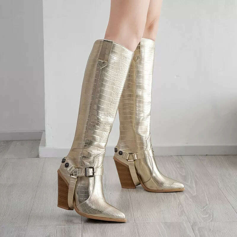 Autumn Women Boots Fashion Buckle Knee High Boots Pu Leather Wedges High Heel Long Boots Pointed Toe Winter Woman Shoes - KIMLUD