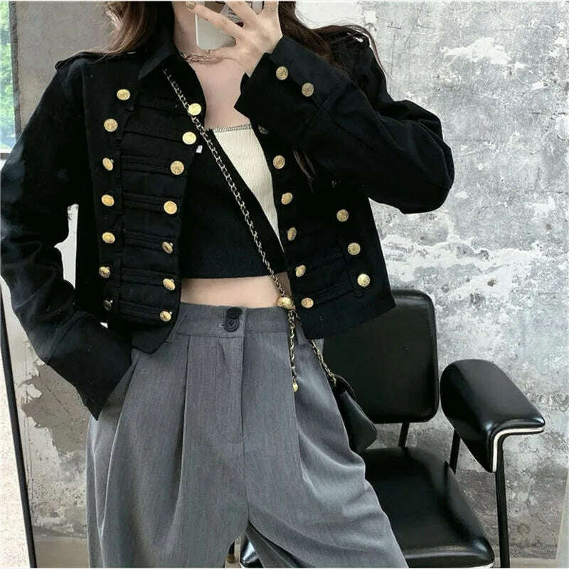KIMLUD, Autumn Women Military Uniform Short Jackets Gold Buttons Double-breasted Jretro Jackets Long Sleeve Vintage Coats Windbreaker, KIMLUD Womens Clothes