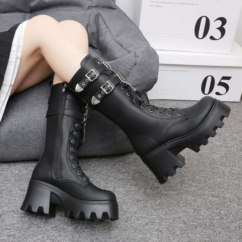 KIMLUD, Autumn Women Punk Style Platform Mid-calf Boots Thick Sole Leather Motorcycle Boots 9CM Chunky Metal Buckle Short Boots Woman, KIMLUD Womens Clothes