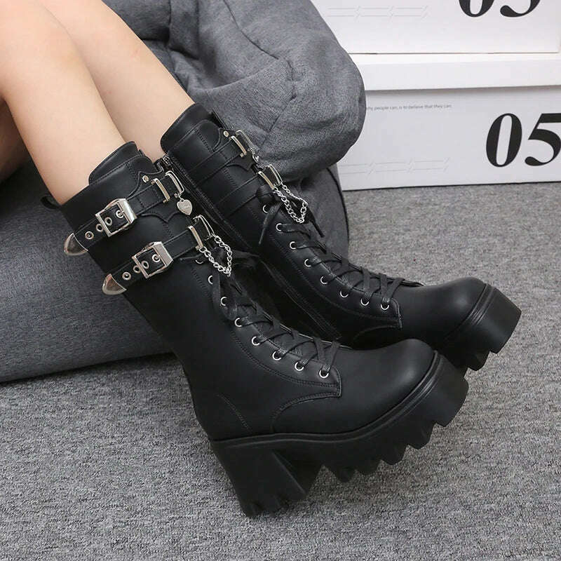 KIMLUD, Autumn Women Punk Style Platform Mid-calf Boots Thick Sole Leather Motorcycle Boots 9CM Chunky Metal Buckle Short Boots Woman, KIMLUD Women's Clothes
