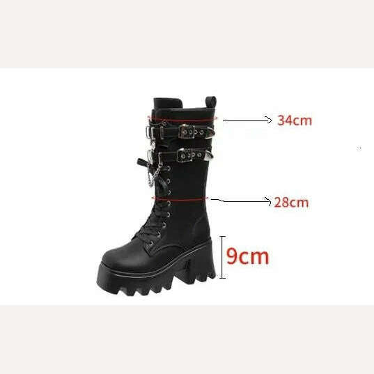 KIMLUD, Autumn Women Punk Style Platform Mid-calf Boots Thick Sole Leather Motorcycle Boots 9CM Chunky Metal Buckle Short Boots Woman, KIMLUD Women's Clothes