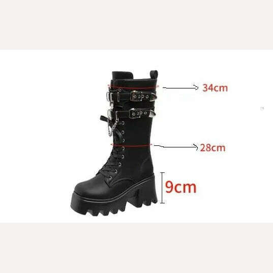 KIMLUD, Autumn Women Punk Style Platform Mid-calf Boots Thick Sole Leather Motorcycle Boots 9CM Chunky Metal Buckle Short Boots Woman, KIMLUD Womens Clothes