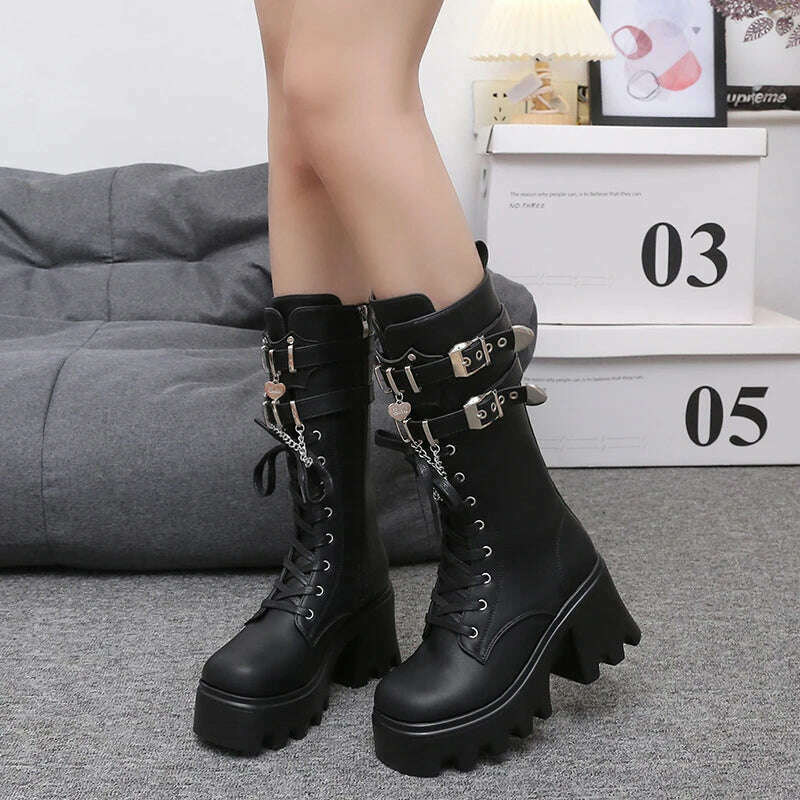 KIMLUD, Autumn Women Punk Style Platform Mid-calf Boots Thick Sole Leather Motorcycle Boots 9CM Chunky Metal Buckle Short Boots Woman, KIMLUD Womens Clothes