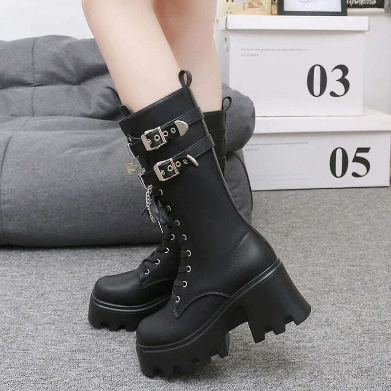 KIMLUD, Autumn Women Punk Style Platform Mid-calf Boots Thick Sole Leather Motorcycle Boots 9CM Chunky Metal Buckle Short Boots Woman, KIMLUD Womens Clothes