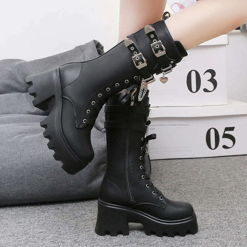 KIMLUD, Autumn Women Punk Style Platform Mid-calf Boots Thick Sole Leather Motorcycle Boots 9CM Chunky Metal Buckle Short Boots Woman, KIMLUD Womens Clothes