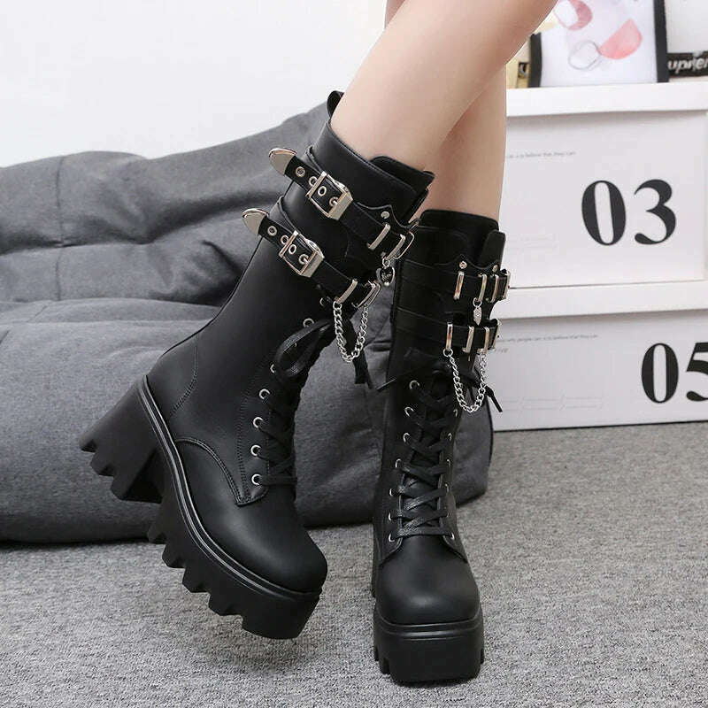 KIMLUD, Autumn Women Punk Style Platform Mid-calf Boots Thick Sole Leather Motorcycle Boots 9CM Chunky Metal Buckle Short Boots Woman, KIMLUD Womens Clothes