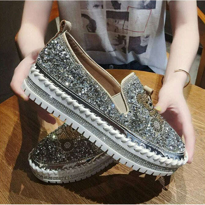 KIMLUD, Autumn Women Thick Bottom Sneaker Running Fashion Designer Woman Shoes Trend 2023 Casual Canvas Mirror Luxury Rhinestone Spring, KIMLUD Womens Clothes