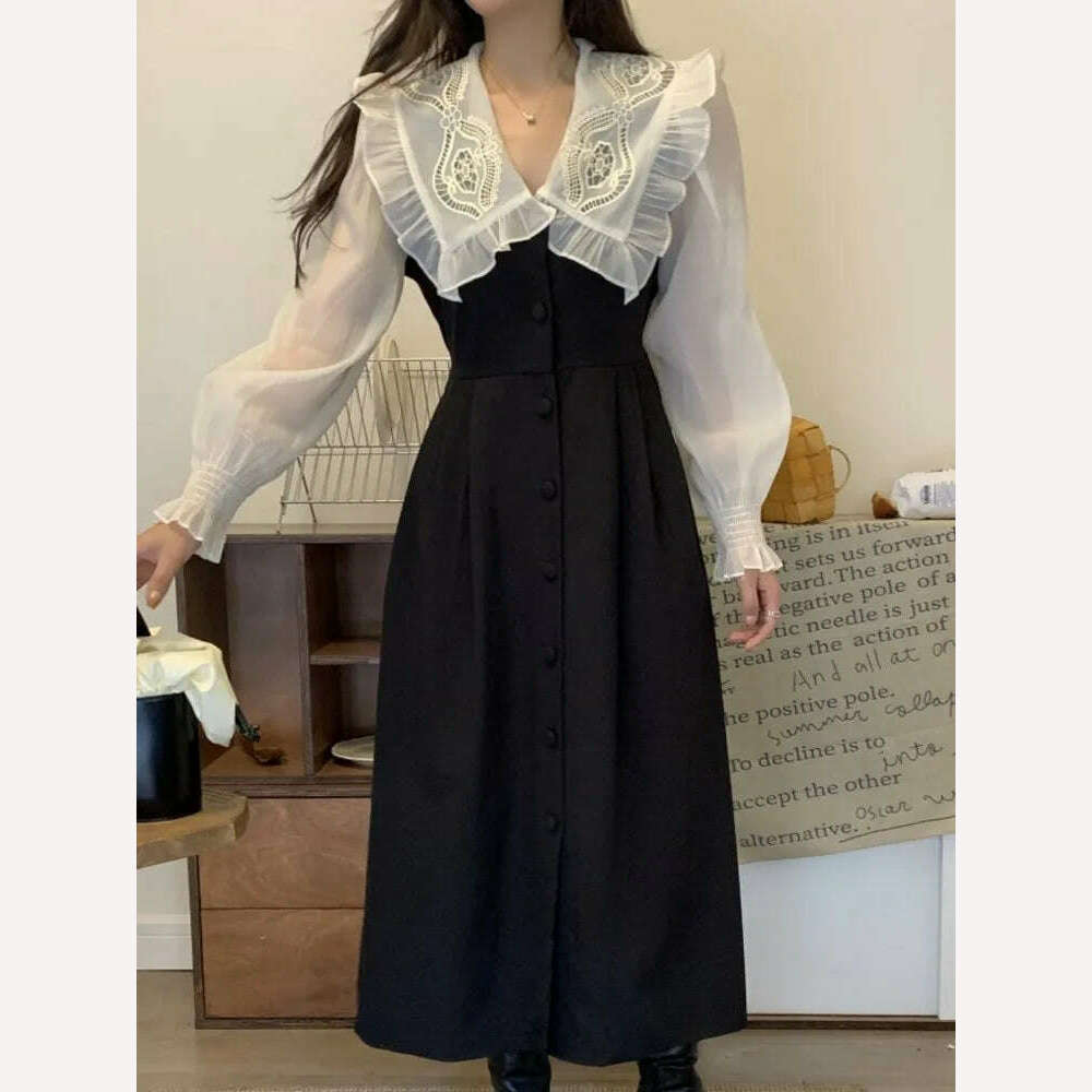 KIMLUD, Autumn Women's Vintage Dress Elegant Single-Breasted Patchwork Y2K Clothes Ladies Black Robe Korean Style Casual One Piece 2022, KIMLUD Womens Clothes