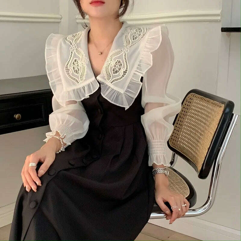 KIMLUD, Autumn Women's Vintage Dress Elegant Single-Breasted Patchwork Y2K Clothes Ladies Black Robe Korean Style Casual One Piece 2022, KIMLUD Womens Clothes