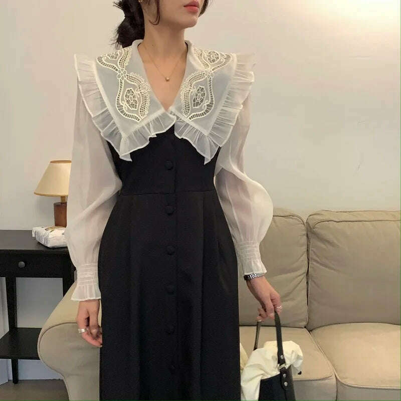 KIMLUD, Autumn Women's Vintage Dress Elegant Single-Breasted Patchwork Y2K Clothes Ladies Black Robe Korean Style Casual One Piece 2022, KIMLUD Womens Clothes