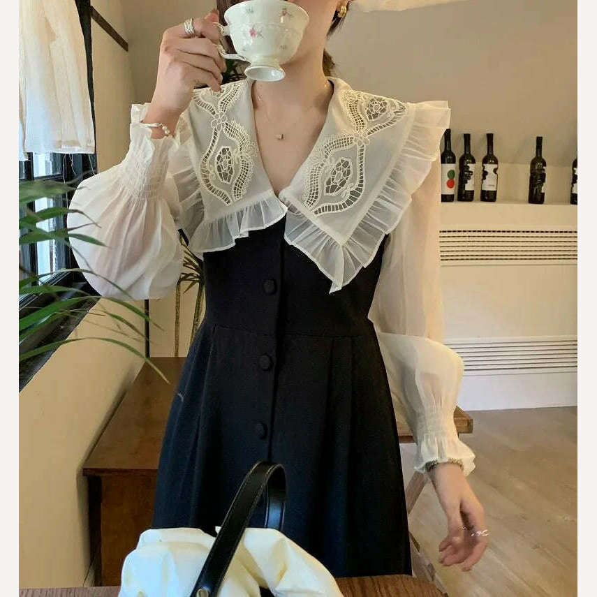 KIMLUD, Autumn Women's Vintage Dress Elegant Single-Breasted Patchwork Y2K Clothes Ladies Black Robe Korean Style Casual One Piece 2022, KIMLUD Womens Clothes