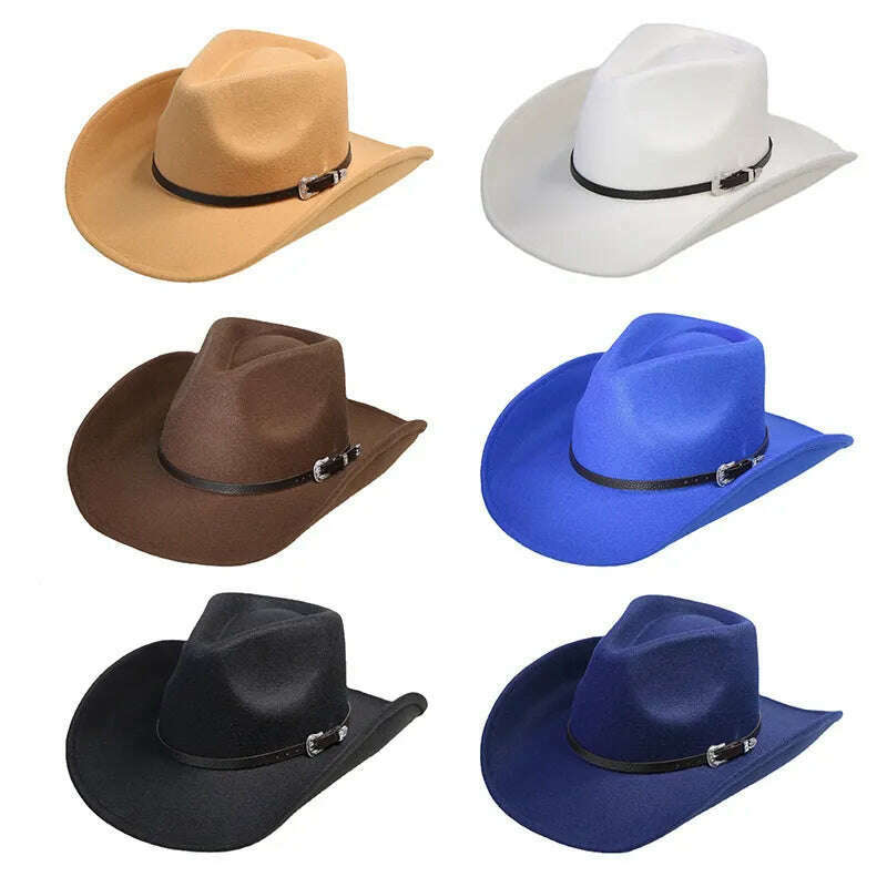 Autumn/Winter 2023 New Western Men's Woolen Cowboy hat Metal Buckle Autumn/Winter Imitation Wool Vintage Knight Hat chapeu cowb - KIMLUD