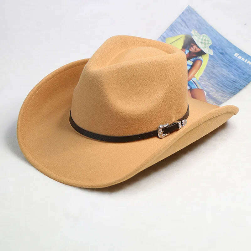 KIMLUD, Autumn/Winter 2023 New Western Men's Woolen Cowboy hat Metal Buckle Autumn/Winter Imitation Wool Vintage Knight Hat chapeu cowb, 2 / M55-58cm, KIMLUD Women's Clothes