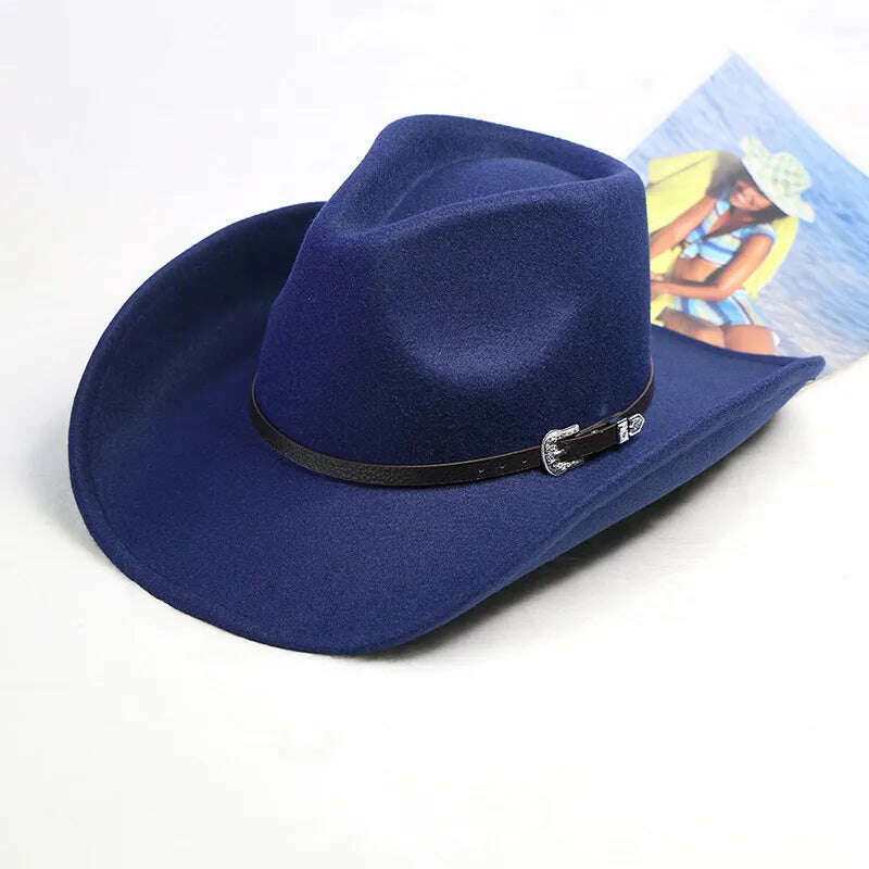 Autumn/Winter 2023 New Western Men's Woolen Cowboy hat Metal Buckle Autumn/Winter Imitation Wool Vintage Knight Hat chapeu cowb - KIMLUD