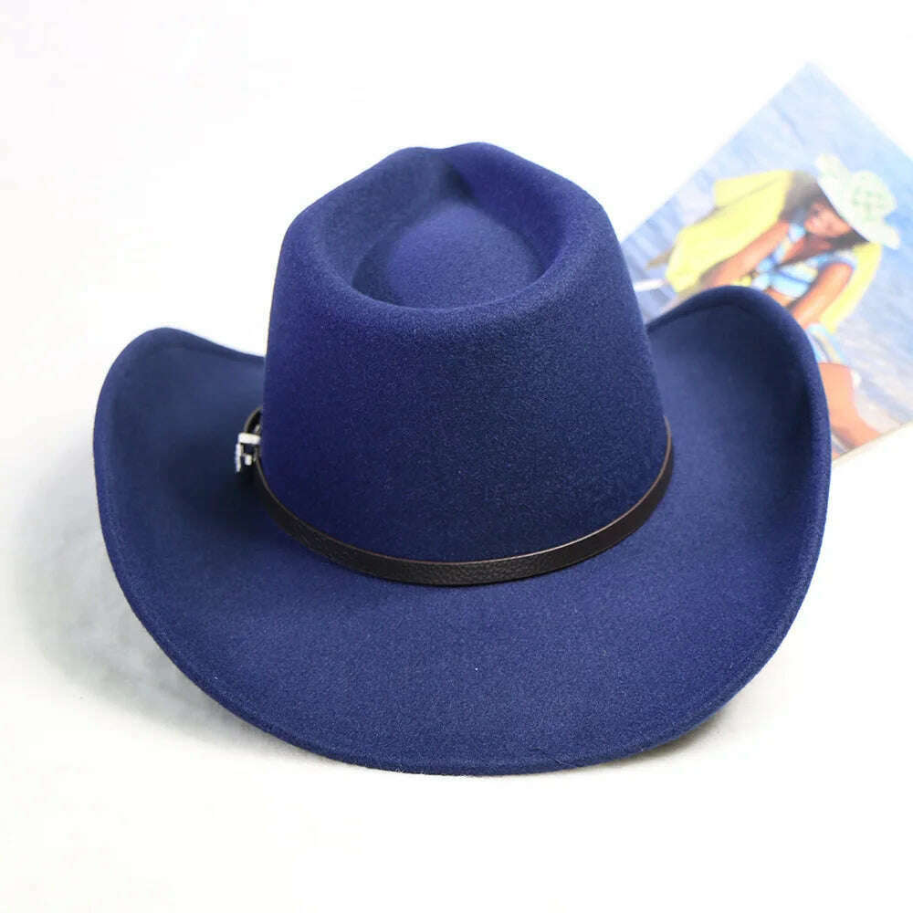 KIMLUD, Autumn/Winter 2023 New Western Men's Woolen Cowboy hat Metal Buckle Autumn/Winter Imitation Wool Vintage Knight Hat chapeu cowb, KIMLUD Womens Clothes