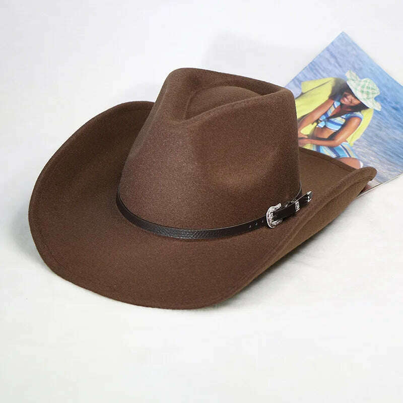 KIMLUD, Autumn/Winter 2023 New Western Men's Woolen Cowboy hat Metal Buckle Autumn/Winter Imitation Wool Vintage Knight Hat chapeu cowb, 4 / M55-58cm, KIMLUD Women's Clothes