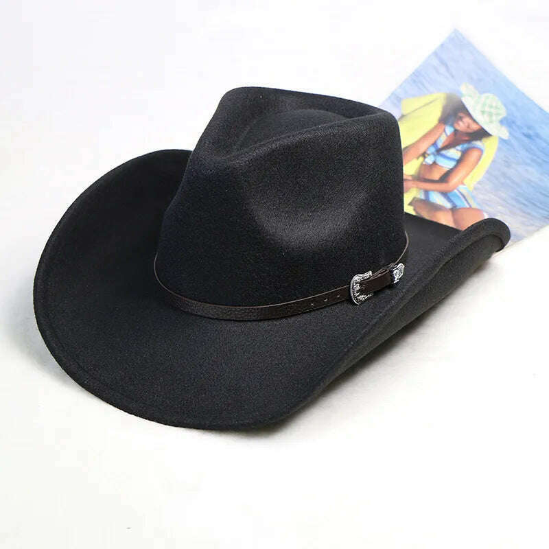 KIMLUD, Autumn/Winter 2023 New Western Men's Woolen Cowboy hat Metal Buckle Autumn/Winter Imitation Wool Vintage Knight Hat chapeu cowb, 5 / M55-58cm, KIMLUD Womens Clothes