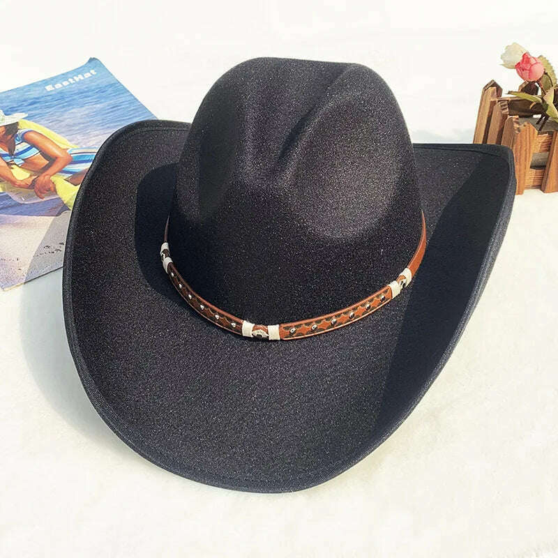 KIMLUD, Autumn/Winter 2023 New Western Men's Woolen Cowboy hat Metal Buckle Autumn/Winter Imitation Wool Vintage Knight Hat chapeu cowb, 16 / M55-58cm, KIMLUD Womens Clothes