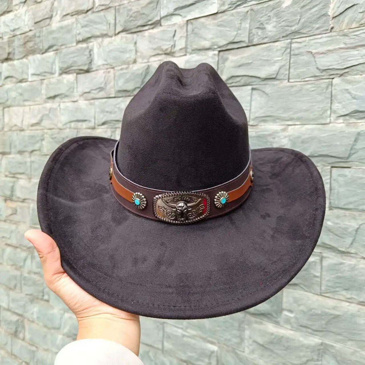 KIMLUD, Autumn/Winter 2023 New Western Men's Woolen Cowboy hat Metal Buckle Autumn/Winter Imitation Wool Vintage Knight Hat chapeu cowb, 35 / M55-58cm, KIMLUD Women's Clothes