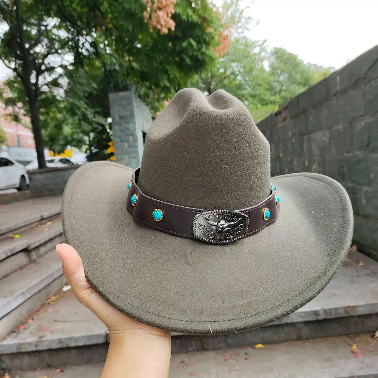 KIMLUD, Autumn/Winter 2023 New Western Men's Woolen Cowboy hat Metal Buckle Autumn/Winter Imitation Wool Vintage Knight Hat chapeu cowb, 29 / M55-58cm, KIMLUD Womens Clothes