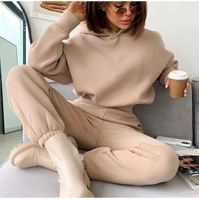 KIMLUD, Autumn/Winter women's casual sports suit solid color hoodie for Female clothing Zippered hoodies Sport Trouser Two Piece Sets, Apricot / XL, KIMLUD APPAREL - Womens Clothes
