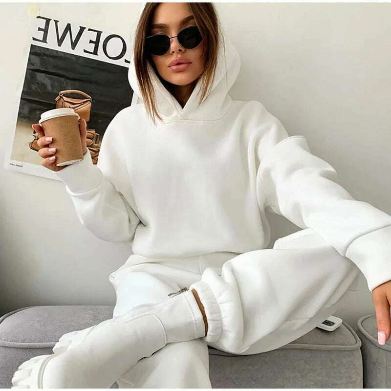 KIMLUD, Autumn/Winter women's casual sports suit solid color hoodie for Female clothing Zippered hoodies Sport Trouser Two Piece Sets, KIMLUD Womens Clothes