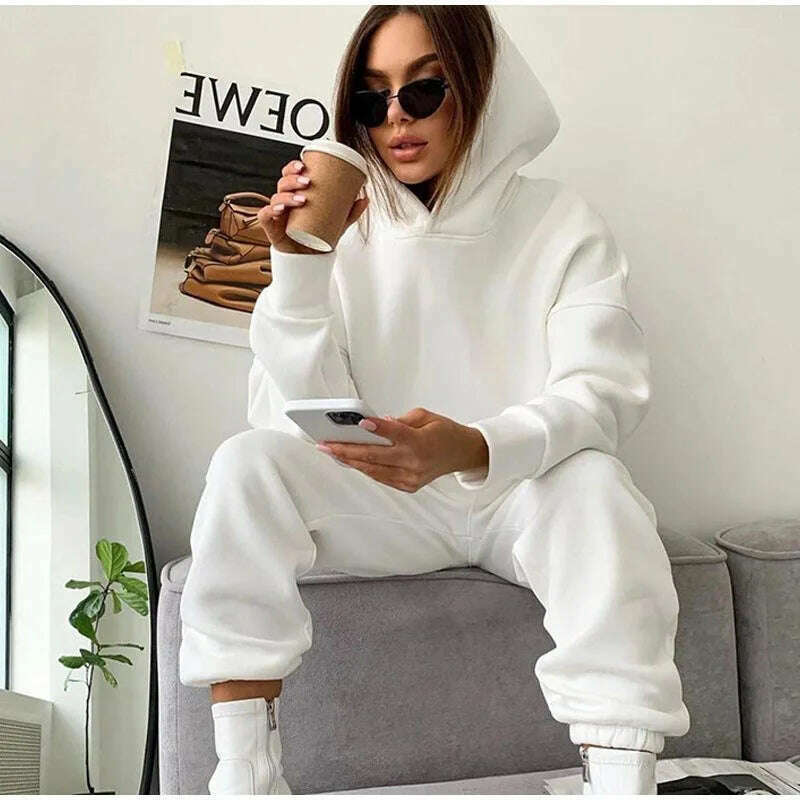 KIMLUD, Autumn/Winter women's casual sports suit solid color hoodie for Female clothing Zippered hoodies Sport Trouser Two Piece Sets, White / XL, KIMLUD APPAREL - Womens Clothes