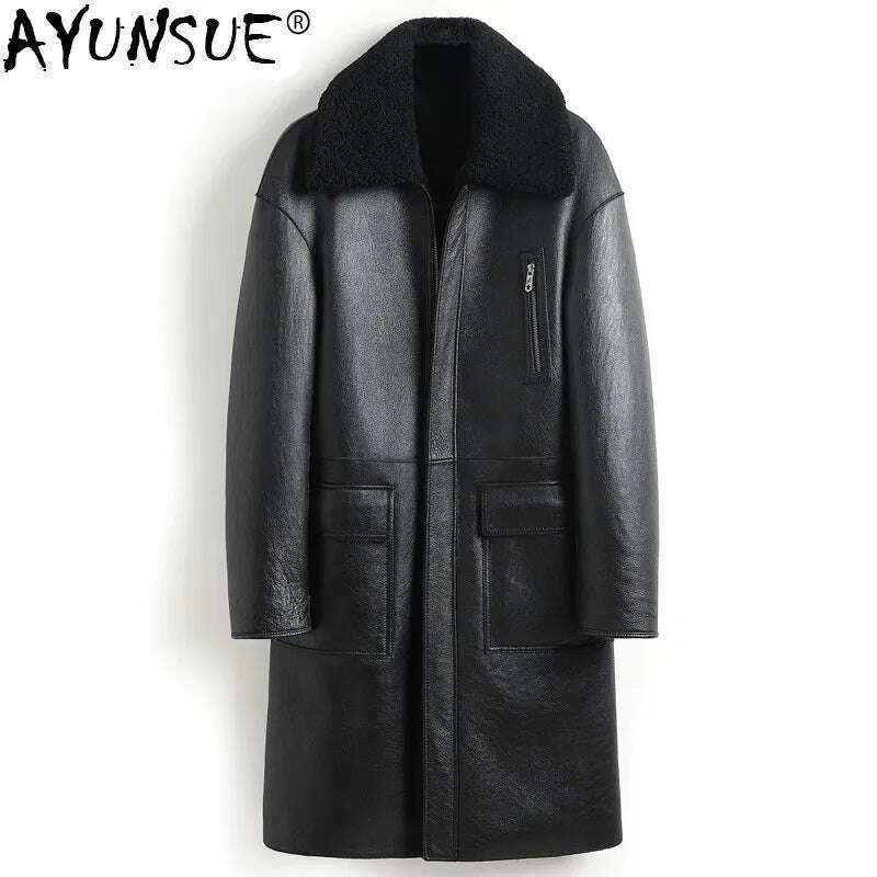 KIMLUD, AYUNSUE Sheep Shearling Genuine Leather Jacket Men Winter Real Fur Coat Sheepskin Leather Coats Double-sided Wear 8408 KJ3633, KIMLUD Womens Clothes