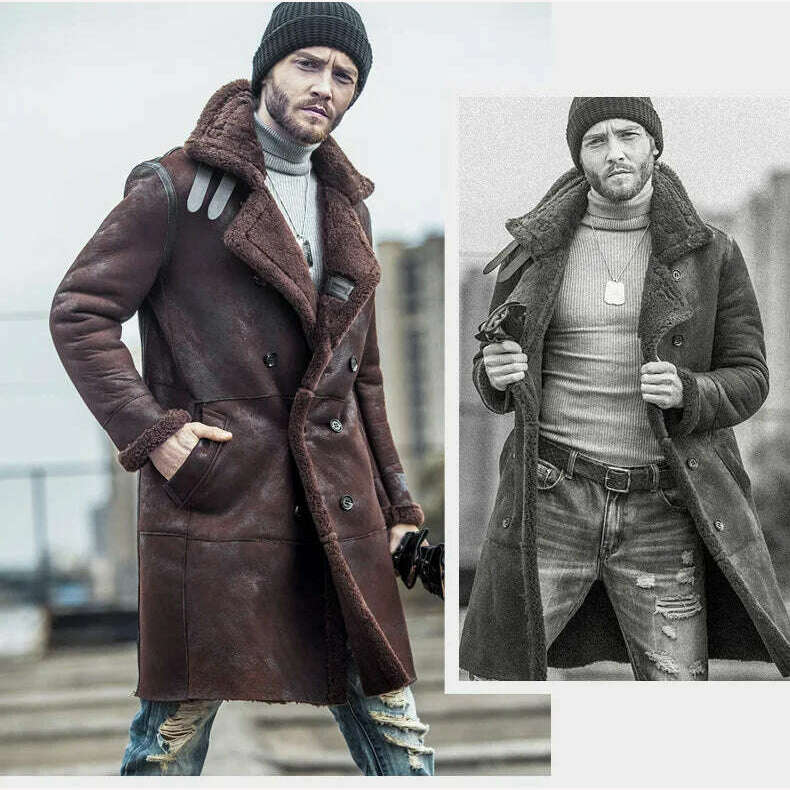 AYUNSUE Winter Genuine Leather Jacket Men Natural Sheep Fur Coat Long Shearling Jacket Vintage Warm Leather Jackets Wp17a457 - KIMLUD