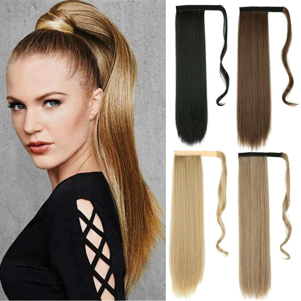 AZIR Synthetic Long Straight Wrap Around Clip on Ponytail Hair Extension Heat Resistant Pony Tail Fake Hair Brown Gray - KIMLUD