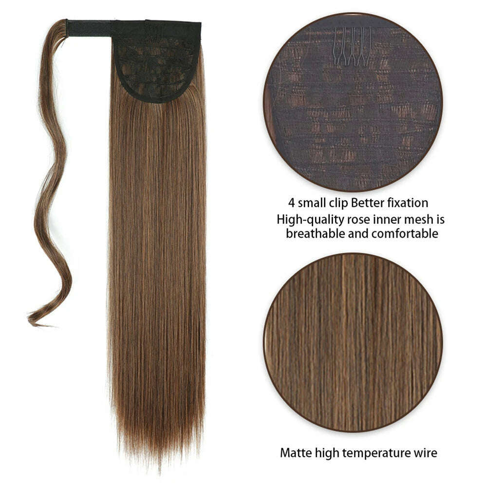 AZIR Synthetic Long Straight Wrap Around Clip on Ponytail Hair Extension Heat Resistant Pony Tail Fake Hair Brown Gray - KIMLUD