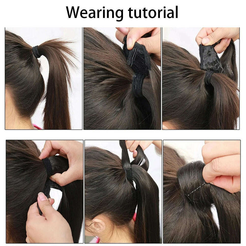 KIMLUD, AZIR Synthetic Long Straight Wrap Around Clip on Ponytail Hair Extension Heat Resistant Pony Tail Fake Hair Brown Gray, KIMLUD Women's Clothes
