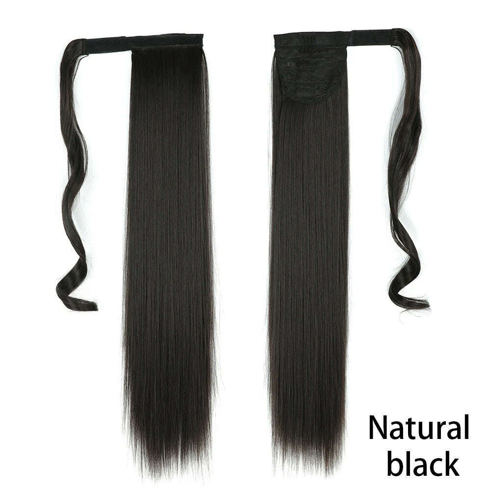 AZIR Synthetic Long Straight Wrap Around Clip on Ponytail Hair Extension Heat Resistant Pony Tail Fake Hair Brown Gray - KIMLUD