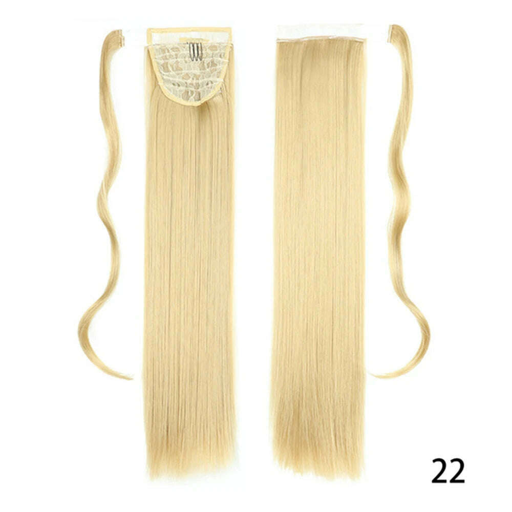 AZIR Synthetic Long Straight Wrap Around Clip on Ponytail Hair Extension Heat Resistant Pony Tail Fake Hair Brown Gray - KIMLUD