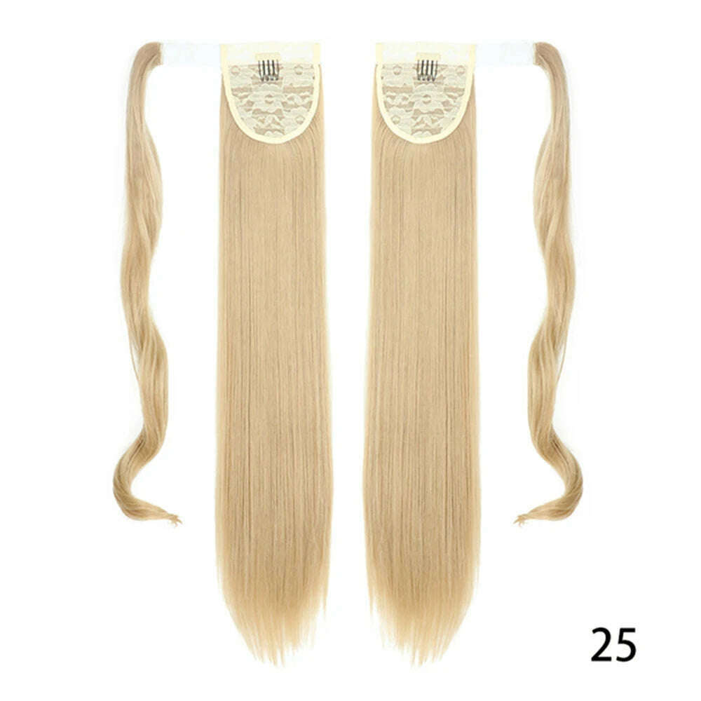 AZIR Synthetic Long Straight Wrap Around Clip on Ponytail Hair Extension Heat Resistant Pony Tail Fake Hair Brown Gray - KIMLUD