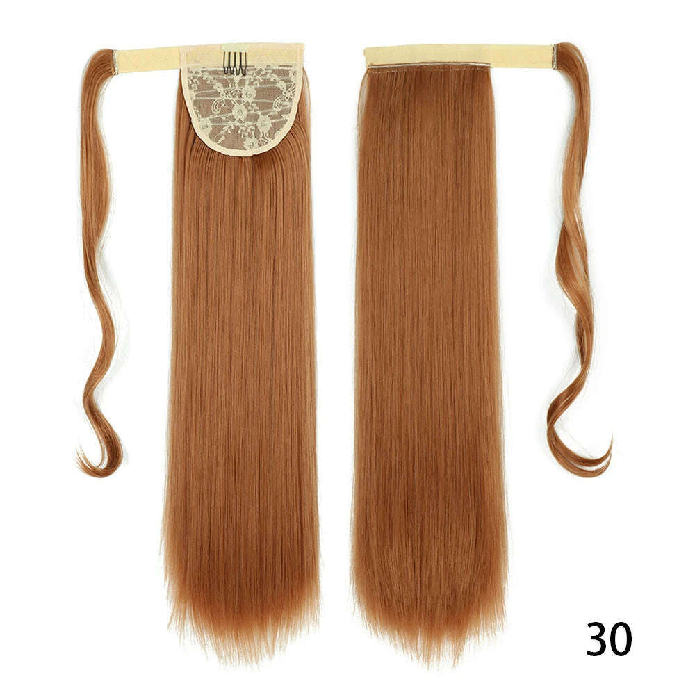 AZIR Synthetic Long Straight Wrap Around Clip on Ponytail Hair Extension Heat Resistant Pony Tail Fake Hair Brown Gray - KIMLUD