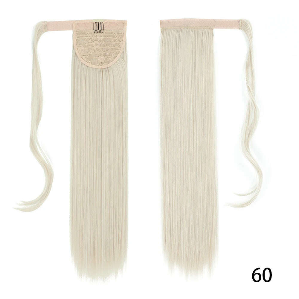 AZIR Synthetic Long Straight Wrap Around Clip on Ponytail Hair Extension Heat Resistant Pony Tail Fake Hair Brown Gray - KIMLUD