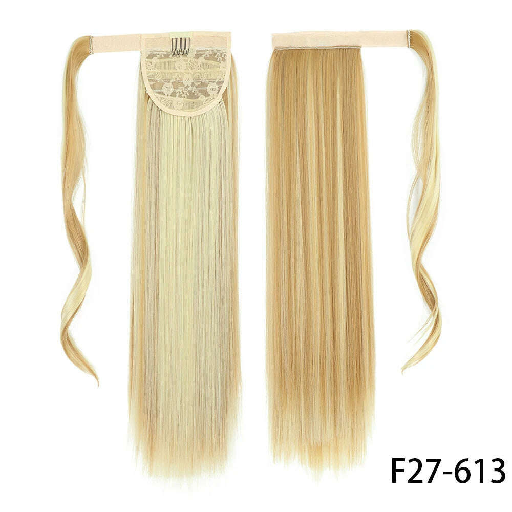 AZIR Synthetic Long Straight Wrap Around Clip on Ponytail Hair Extension Heat Resistant Pony Tail Fake Hair Brown Gray - KIMLUD
