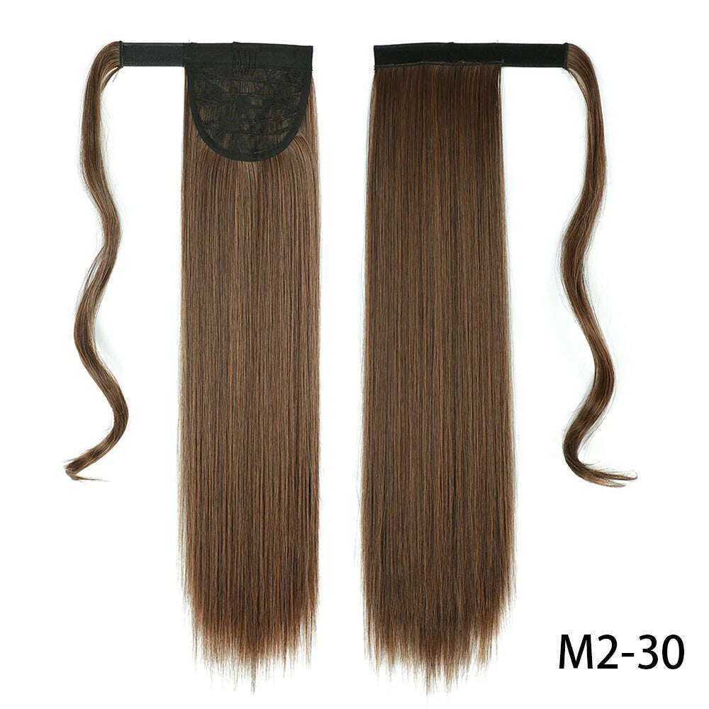 AZIR Synthetic Long Straight Wrap Around Clip on Ponytail Hair Extension Heat Resistant Pony Tail Fake Hair Brown Gray - KIMLUD