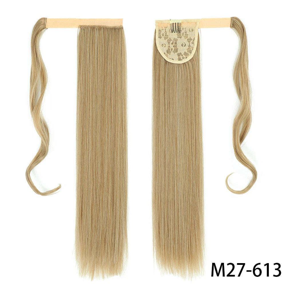 AZIR Synthetic Long Straight Wrap Around Clip on Ponytail Hair Extension Heat Resistant Pony Tail Fake Hair Brown Gray - KIMLUD