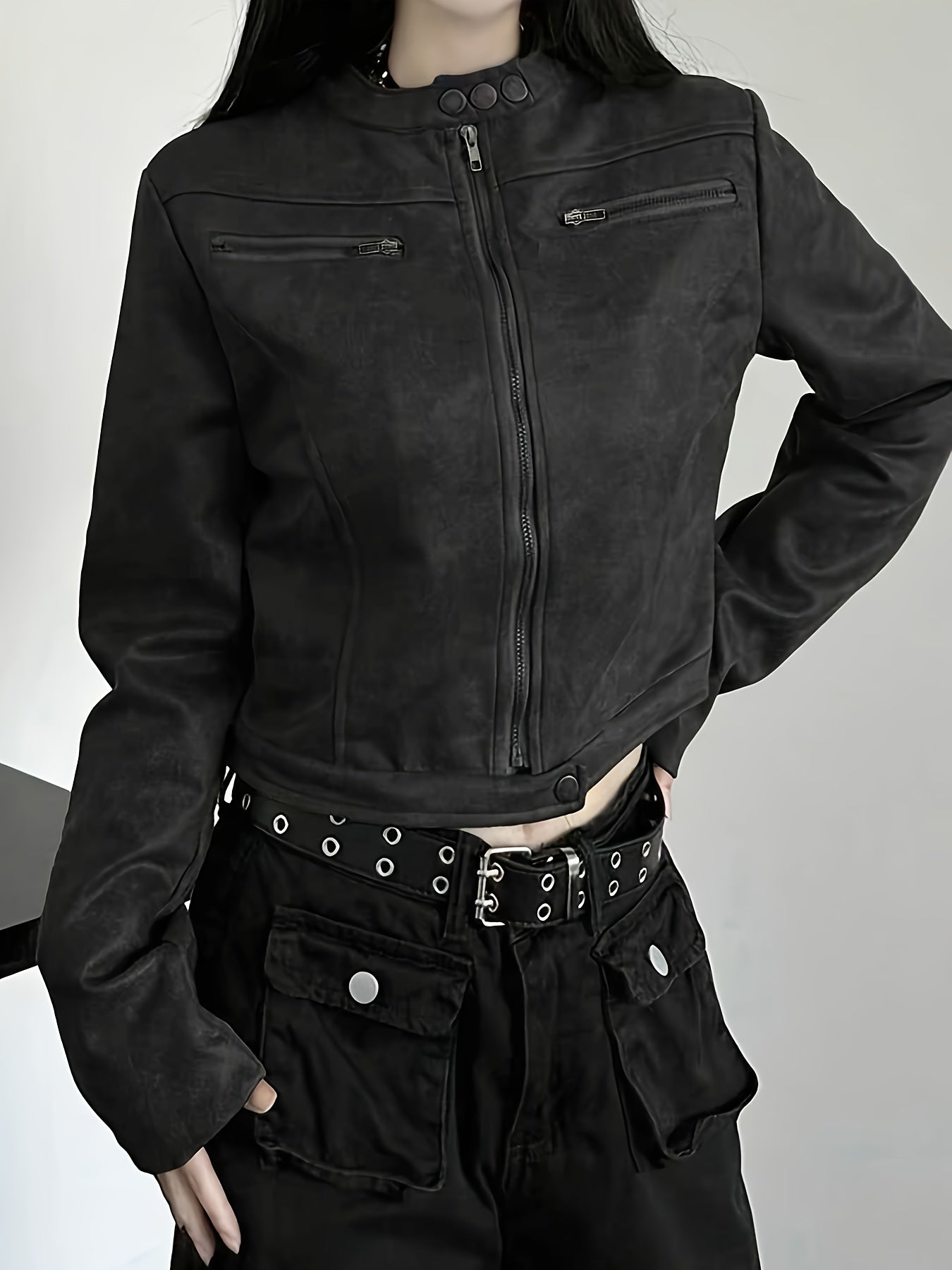 Women's Elegant Gothic Full-Zip Jacket with Full-Zip Front Closure, Full-Length Zipper & Stand Collar - Heavy-Duty Winter Outerwear, Machine Washable Black -like Texture Coat for Fall/Winter, Casual & Formal Outfits, Retro Zi