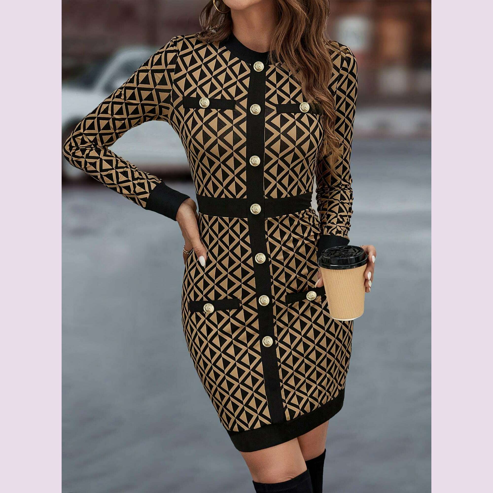 elegant-geometric-print-bodycon-dress-with-contrast-trim-and-decorative-goldtone-buttons---polyester-blend-crew-neck-long-sleeve-midi-for-adult---fallwinter-collectionkimlud-womens-fashion-34626012
