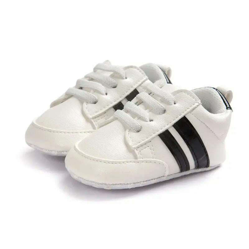 KIMLUD, Baby Boy Girl Moccasins Shoes Infant PU Leather First Walkers Non-slip Soft Newborn Sneakers Sport Crib Baby Shoes Boys Footwear, white black strips / 0-6 Months, KIMLUD Womens Clothes