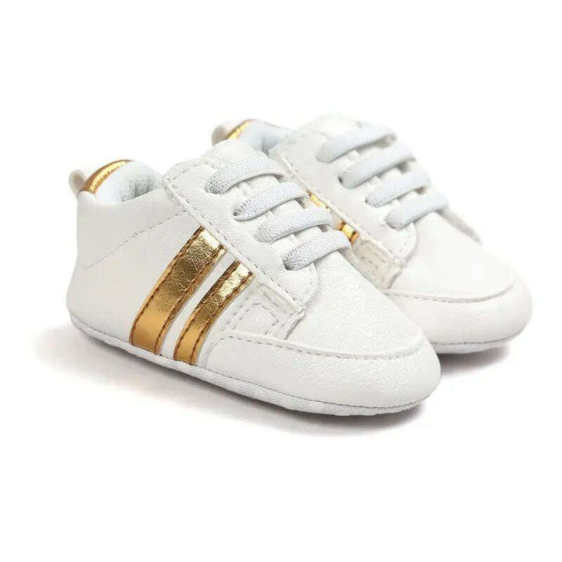 KIMLUD, Baby Boy Girl Moccasins Shoes Infant PU Leather First Walkers Non-slip Soft Newborn Sneakers Sport Crib Baby Shoes Boys Footwear, white gold strips / 0-6 Months, KIMLUD Womens Clothes