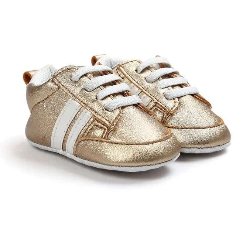 KIMLUD, Baby Boy Girl Moccasins Shoes Infant PU Leather First Walkers Non-slip Soft Newborn Sneakers Sport Crib Baby Shoes Boys Footwear, gold white strips / 0-6 Months, KIMLUD Womens Clothes